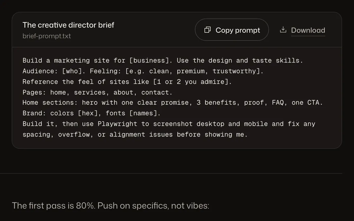 Creative director brief for an AI web design workflow.