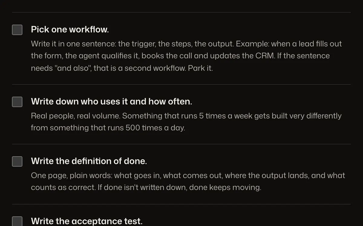 AI build scope checklist before kickoff.